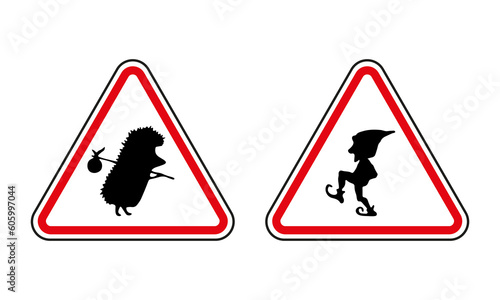 Set funny road sign. Hedgehog, troll sign