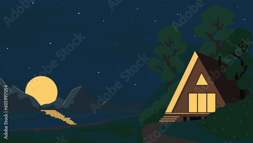 House with the lights on, in the woods, next to the lake. A night with a big moon coming out from behind the mountains, with the reflection of the light of the moon in the water, many stars in the sky