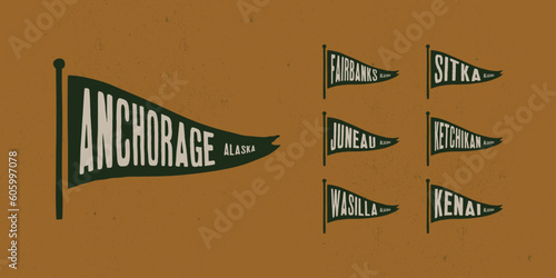 Set flag graphic. Old vintage trendy flag with city of Alaska state. Vintage banner with ribbon flag.