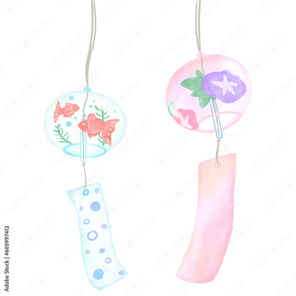 Goldfish pattern and hydrangea wind chime swaying in the wind, simple and cute hand-painted watercolor illustration / 風にゆれる金魚柄と紫陽花の風鈴、シンプルでかわいい手描きの水彩イラスト