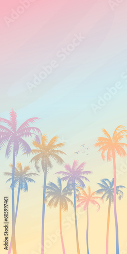 Colorful palm trees with surrealistic sky background vertical vector illustration. Summer traveling and party at the beach paetel colors concept flat design with blank space.