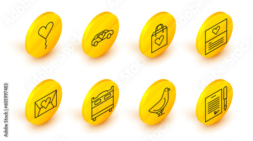Set line Marriage contract, Dove, Bedroom, Envelope with Valentine heart, Greeting card, Shopping bag, Limousine and Balloon form of icon. Vector