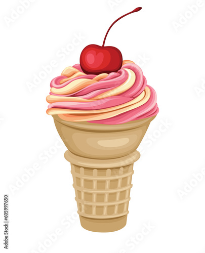 Ice Cream Cone Cherry Sweet Food Cold Drink Vector Illustration