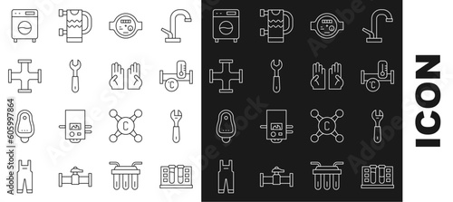 Set line Test tube with water drop, Wrench spanner, Industry metallic pipe, Water meter, Washer and Rubber gloves icon. Vector