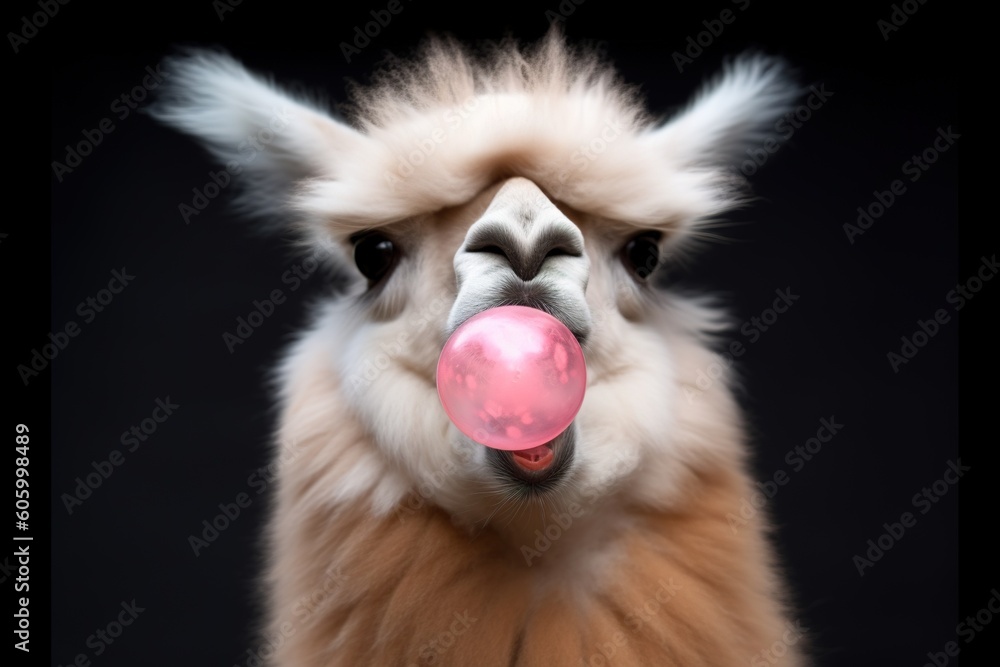 fluffy adorable lama blowing bubblegum front portrait