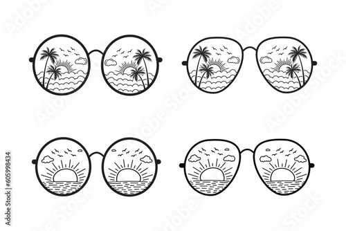 summer retro vintage sunset Sunglasses illustrations vector background, Retro Sunset Sunglasses vector, Retro sunset beach scenery Sunglasses vector, enjoy summer Sunglasses in Palm Tree vector 