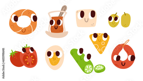 Breakfast food characters set for kids menu. Vector illustrations clip art.
