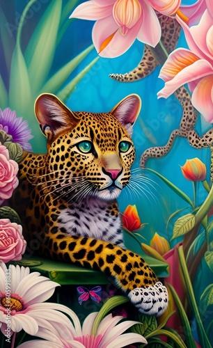 cute leopard in the flowers 