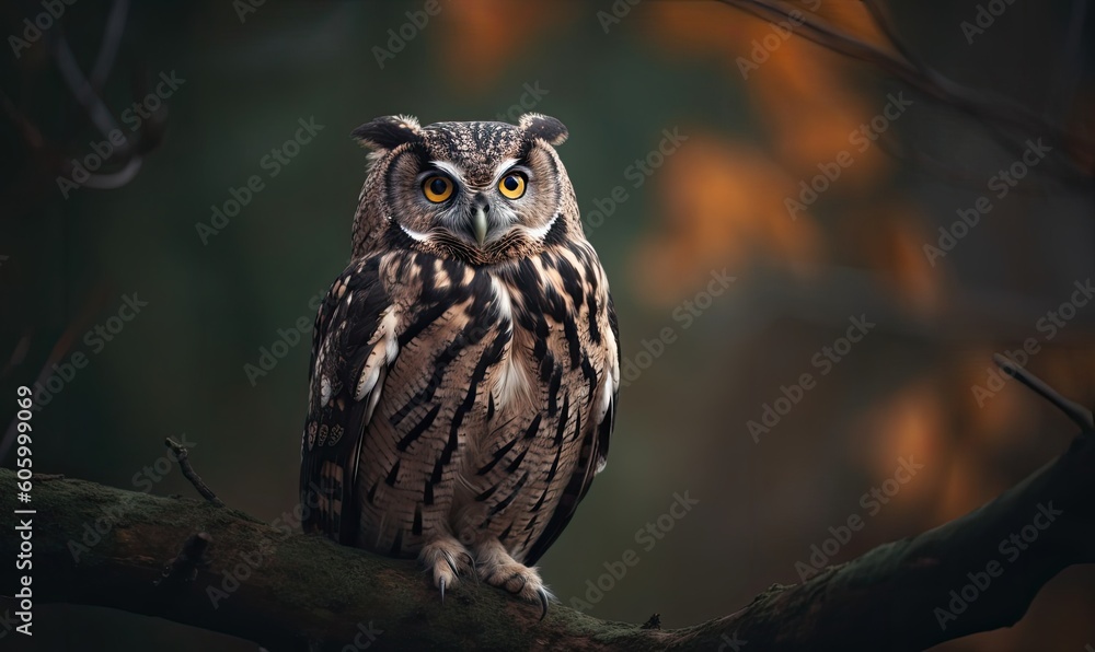 Closeup shot of owl with piercing eyes on branch. Creating using generative AI tools Closeup shot of owl with piercing eyes on branch. Creating using generative AI tools