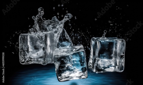 Ice cubes dropping into a pool of crystal-clear water with a splash. Creating using generative AI tools © uhdenis