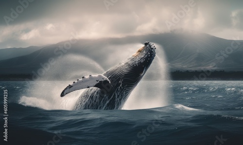 Whale breaching in the deep blue sea Creating using generative AI tools © uhdenis