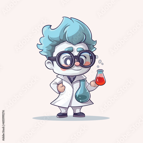 Cartoon scientist boy character in science lab coat and glasses. vector illustration
