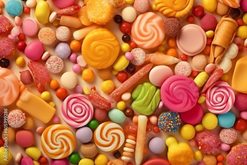 Food concept. Various colorful candies and sweets background with copy space. Generative AI