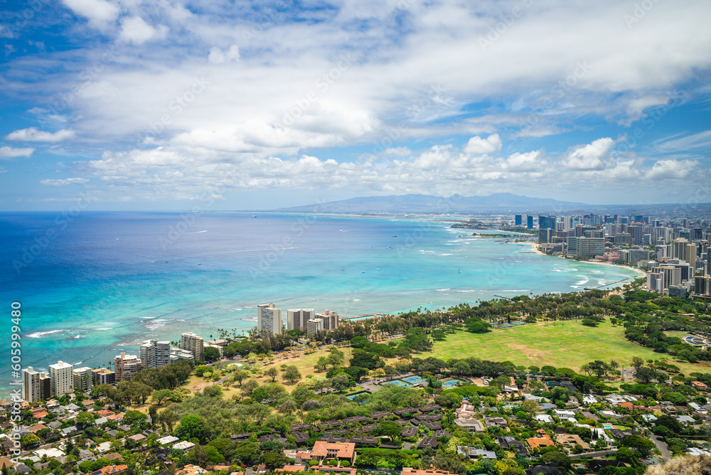 view over honolulu from diamond head mountain in Oahu, Hawaii, US
