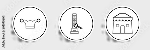 Set line Circus tent, Jester hat with bells and High striker attraction big hammer icon. Vector