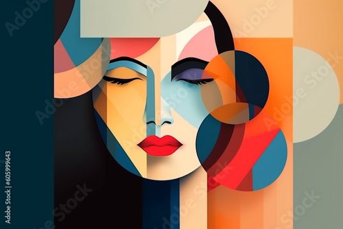 Beauty, fine art, fashion concept. Abstract modern art collage of woman portrait made of various and colorful geometric shapes. Generative AI © Rytis