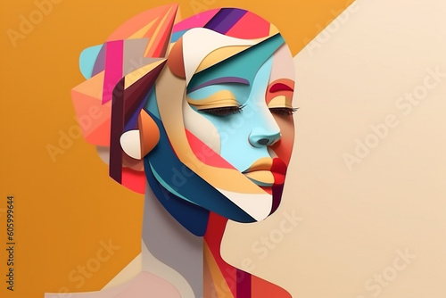 Beauty, fine art, fashion concept. Abstract modern art collage of woman portrait made of various and colorful geometric shapes. Generative AI