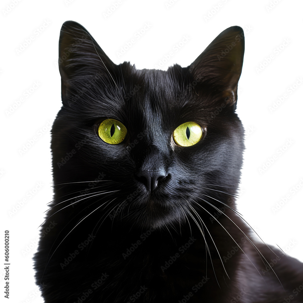 a Black cat with emerald green eyes, portrait, stealthily pet, piercing eyes, Pet-themed, photorealistic illustrations in a PNG, cutout, and isolated. Generative AI