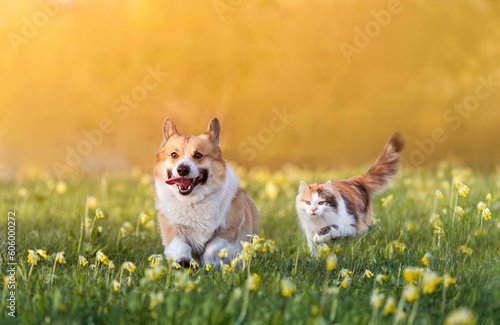 a cute corgi dog and a fluffy cat run through the green grass in a sunny spring meadow
