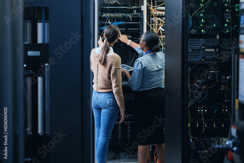 Принти на полотні Server room, engineer and women team with tablet for programming, cybersecurity or cable maintenance