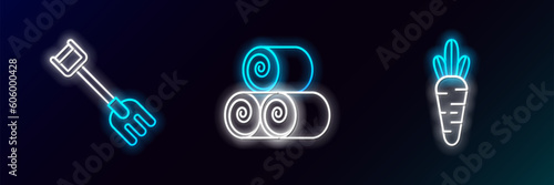 Set line Carrot, Garden rake and Roll of hay icon. Glowing neon. Vector
