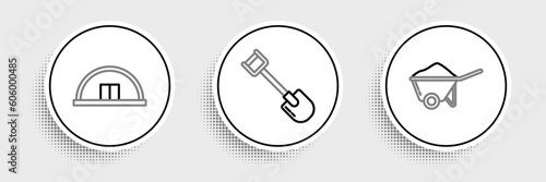 Set line Wheelbarrow with dirt, Hangar and Shovel icon. Vector