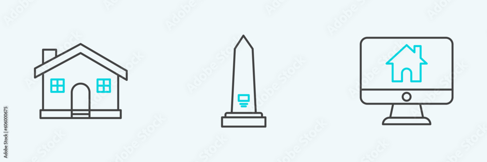 Set line Computer monitor with smart home, House and Washington monument icon. Vector Set line Computer monitor with smart home, House and Washington monument icon. Vector