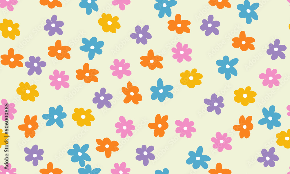 Trendy floral seamless pattern. Set of vintage 70s style flower background illustration. Colorful pastel color groovy artwork bundle, y2k nature backgrounds with spring plants.