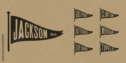 Set flag graphic. Old vintage trendy flag with city of Mississippi state. Vintage banner with ribbon flag.