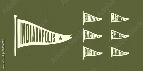 Set flag graphic. Old vintage trendy flag with city of Indiana state. Vintage banner with ribbon flag.
