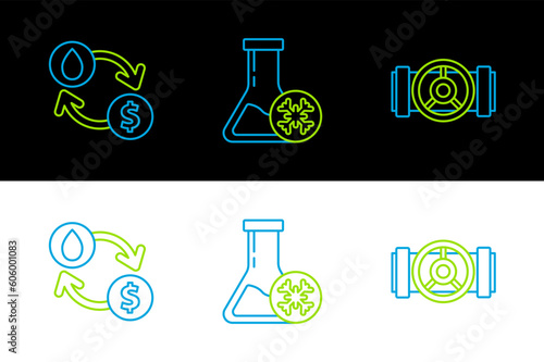 Set line Industry metallic pipes and valve, Oil exchange, water transfer, convert and Antifreeze test tube icon. Vector