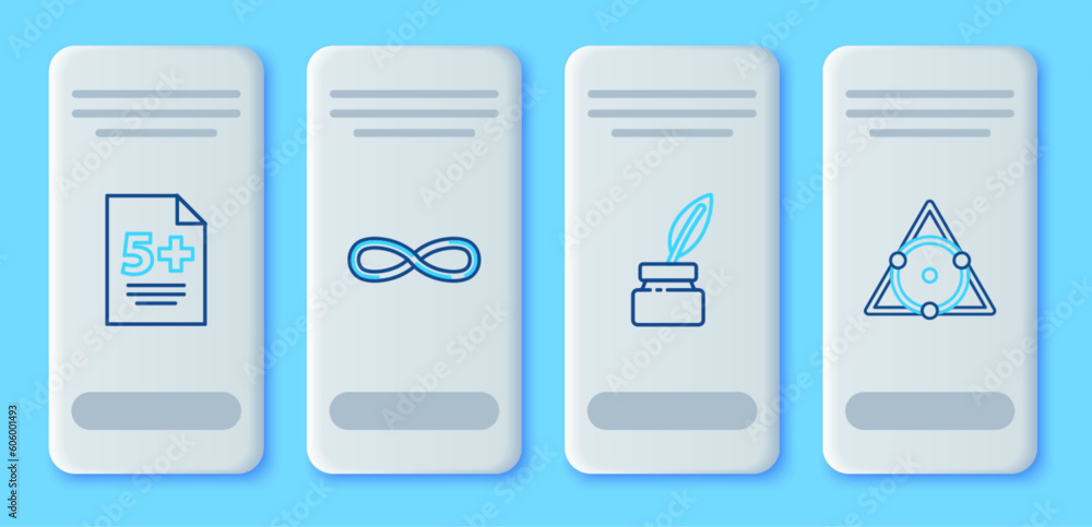 Set line Infinity, Feather and inkwell, Test or exam sheet and Triangle math icon. Vector