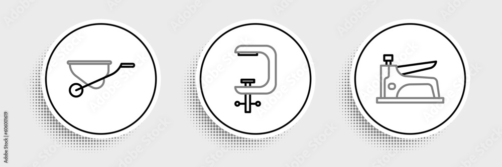 Set line Construction stapler, Wheelbarrow and Clamp and screw tool icon. Vector Set line Construction stapler, Wheelbarrow and Clamp and screw tool icon. Vector
