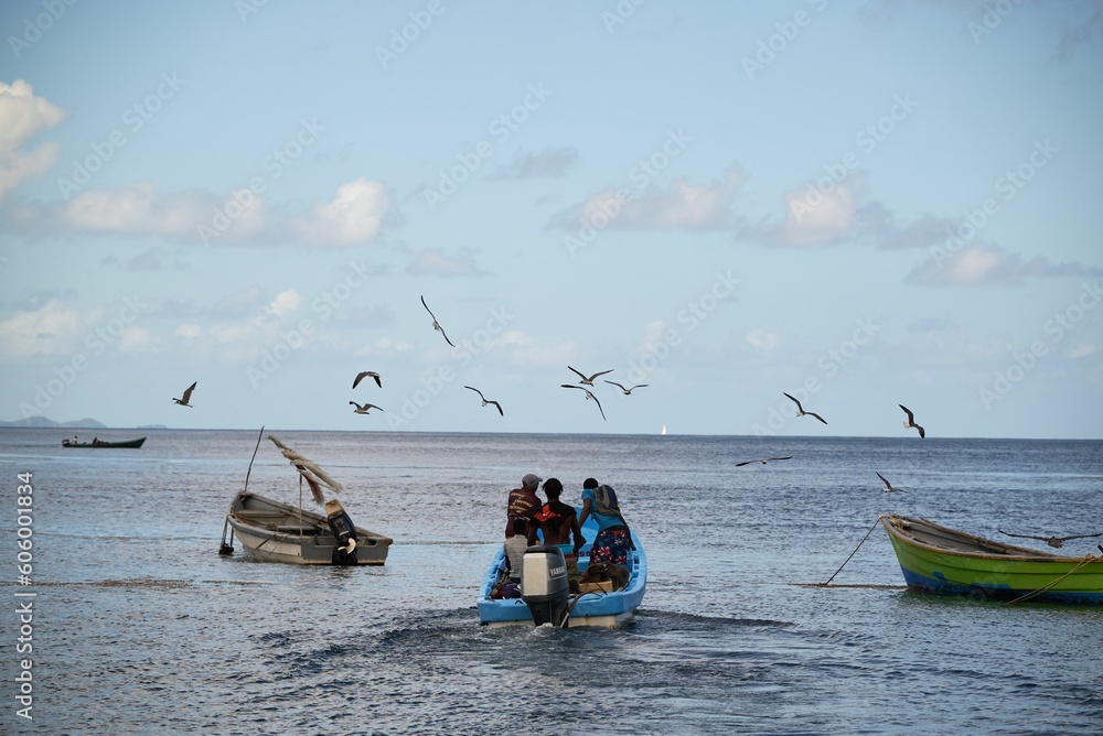 Naklejka premium Boat with fisherman sailing on blue seawater near a flock of flying seagulls