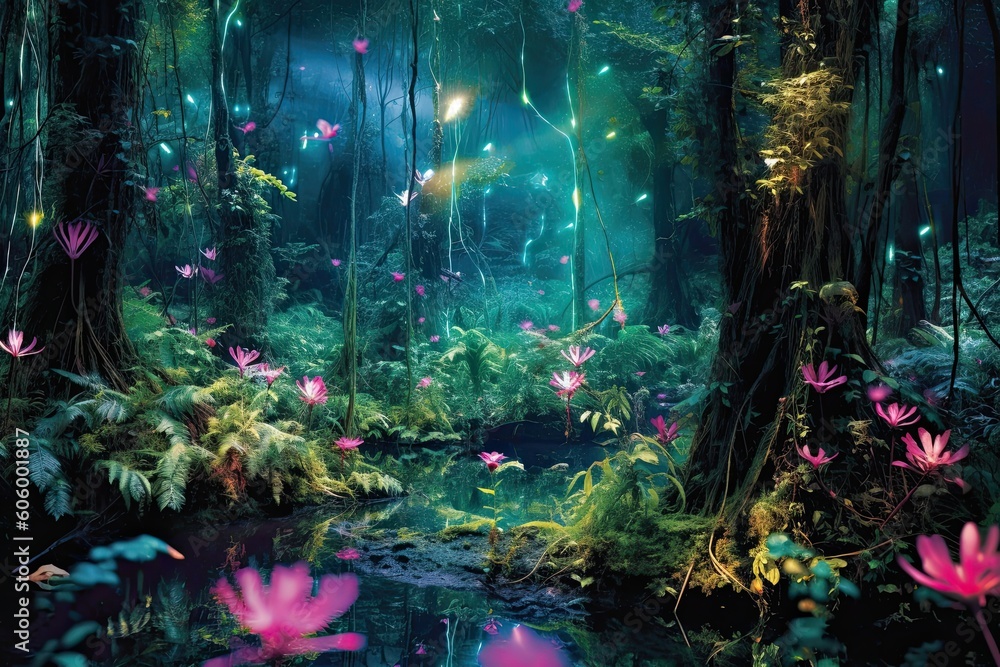 Fototapeta premium Nighttime Euphoria: Embrace the Enchanting Bioluminescent Forest