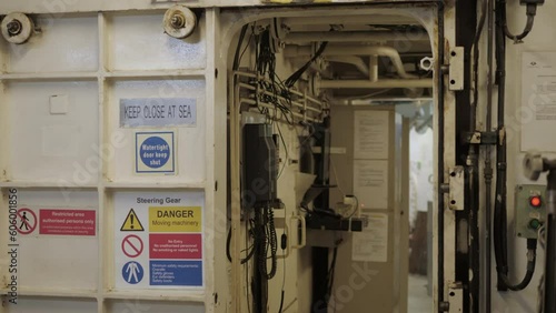 Watertight sliding door to steering gear in engine room of ship