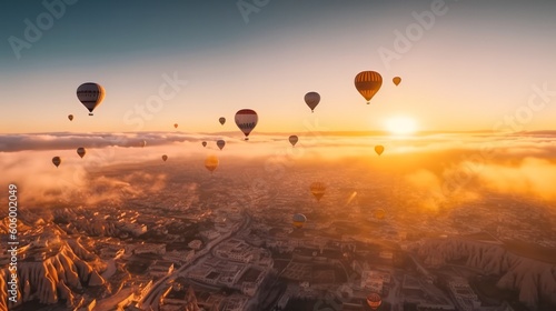 Hot air balloon tour over mountain landscape. Spring dawn . Generative AI photo