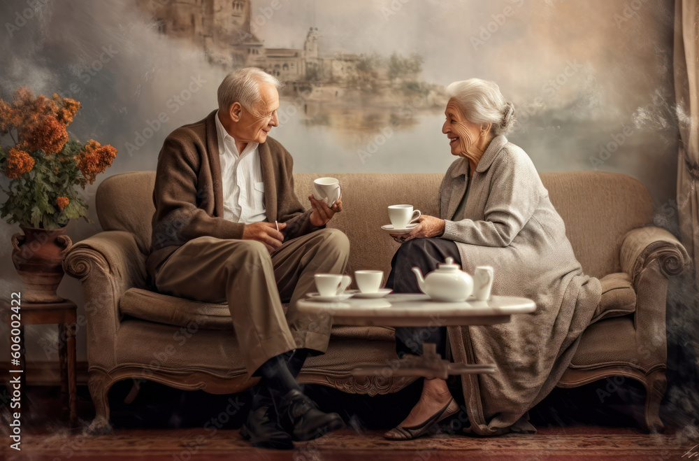 Image of two seniors enjoying a coffee on living room couch, portrait. Generative ai. Image of two seniors enjoying a coffee on living room couch, portrait. Generative ai.