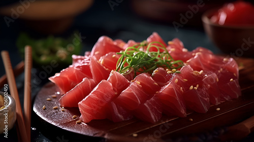 Tasty sashimi (pieces of fresh raw tuna) and chopsticks on wooden board, closeup Generative AI
