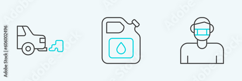 Set line Face in protective mask, Car exhaust and Canister for gasoline icon. Vector