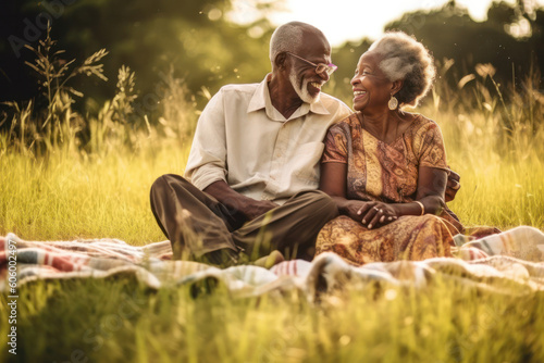 Elderly couple relishing a sunset, their smiles reflecting the golden hour, portrait..