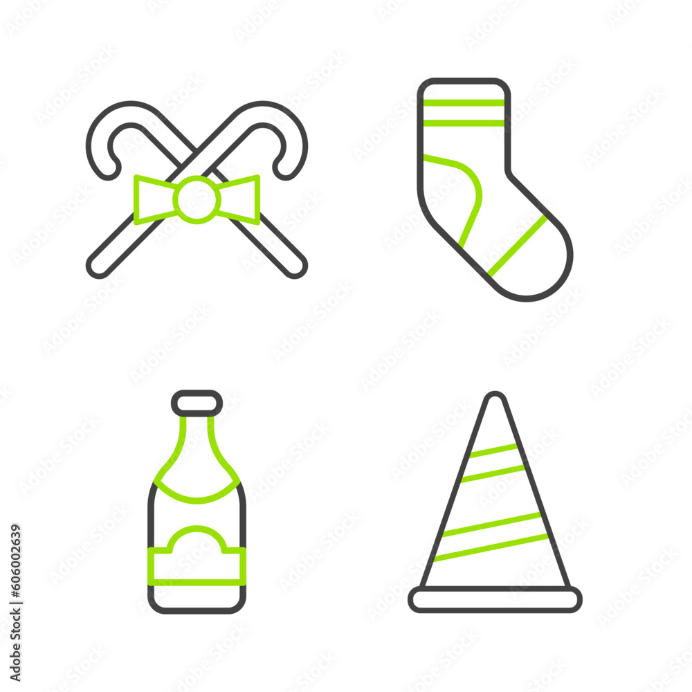 Set line Party hat, Champagne bottle, Christmas stocking and candy cane icon. Vector Set line Party hat, Champagne bottle, Christmas stocking and candy cane icon. Vector