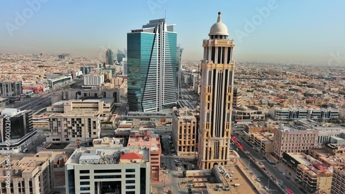Riyadh: Aerial view of capital city of Saudi Arabia, modern city skyline, Al Olaya financial district with skyscrapers - landscape panorama of Arabian Peninsula from above photo