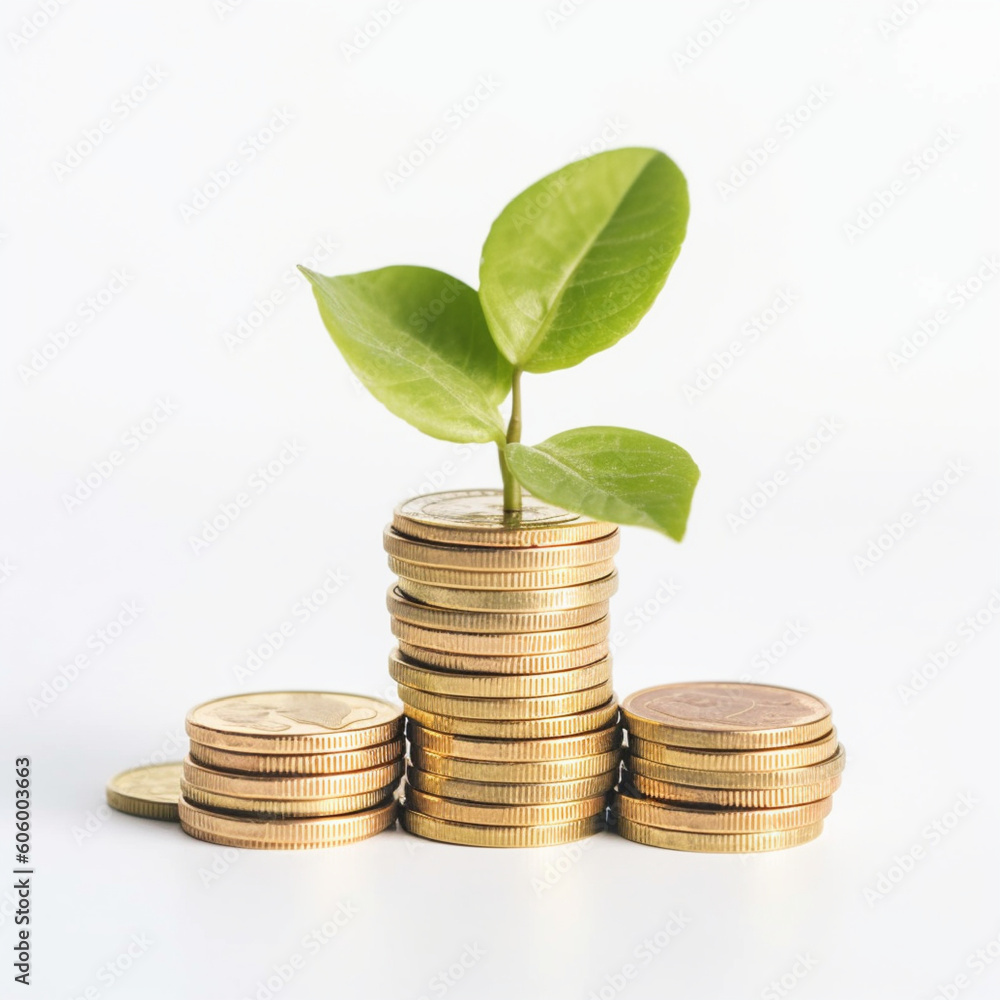 financial business concept, growth in economic and financial investment. Stack of coin with plant by generative AI. financial business concept, growth in economic and financial investment. Stack of coin with plant by generative AI.