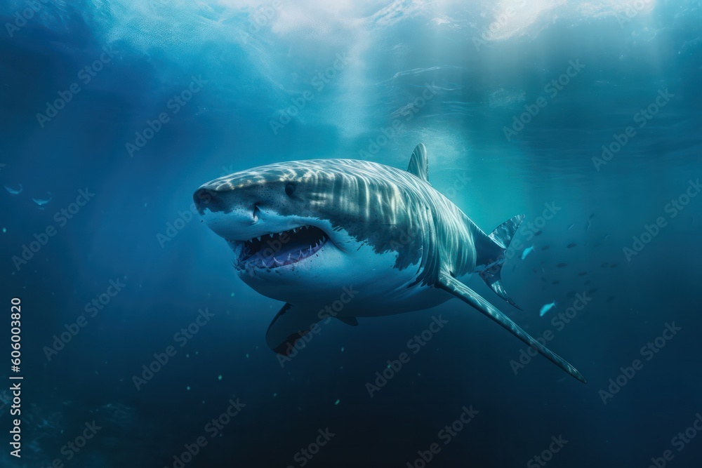 Fototapeta premium scary huge shark with open mouth underwater. Generative AI