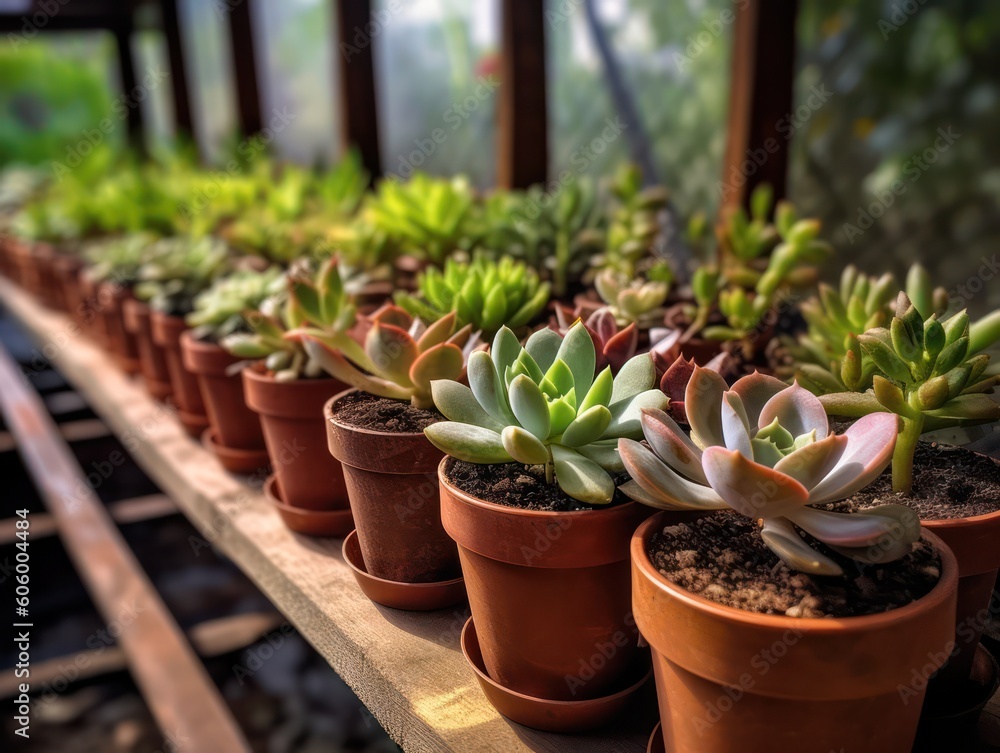 small cacti in pots on the shelves along the window in the greenhouse. Home gardening concept. Miniature succulents. indoor and ornamental plants in pots. plant care. Generative AI