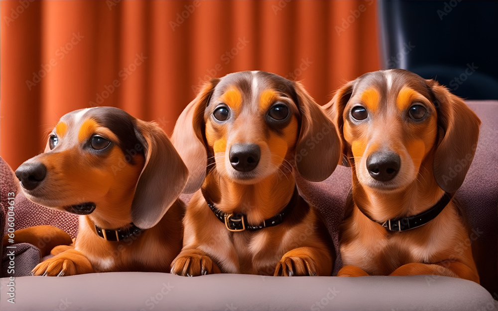 Three cute dachshunds watching a movie with popcorn on cinema. Generate Ai