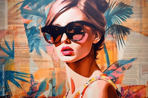 Stylish retro poster with beautiful young lady wearing sunglasses on summer background with newspapers  magazines and palm trees. Fashion pop art woman portrait illustration and collage. Generative AI