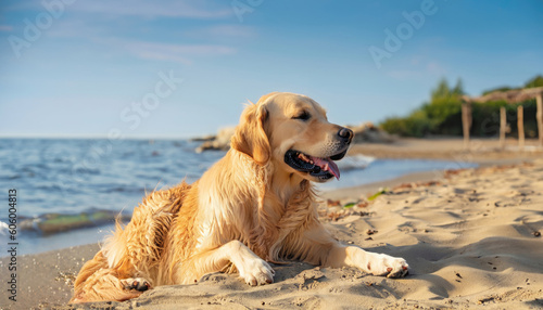 Golden Retriever dog is on a summer vacation at a seaside resort and rests relaxing on the beach