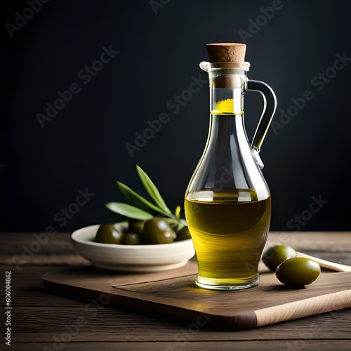 Olive oil and olives. Generative AI.